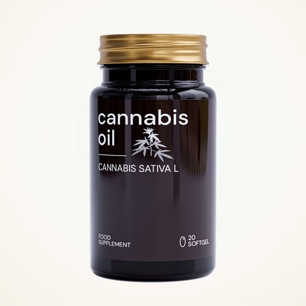 Barattolo ambrato di Cannabis Oil con tappo dorato, 20 perle