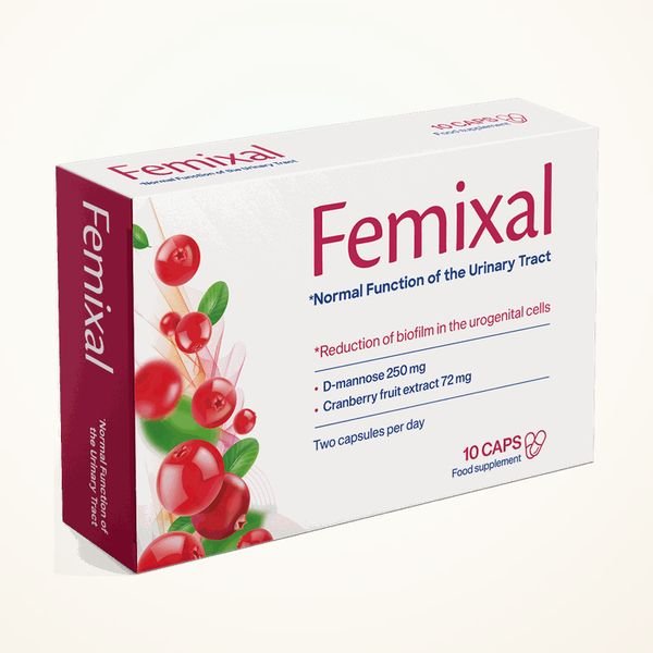 Scatola bianca e rossa di Femixal da 10 capsule con i mirtilli rossi