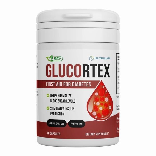 Barattolo bianco e rosso di Glucortex da 20 capsule