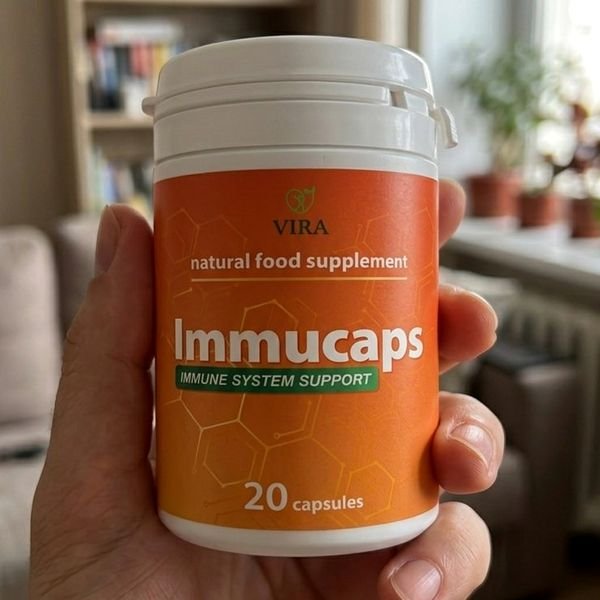 Barattolo arancione di Immucaps da 20 capsule tenuto in mano