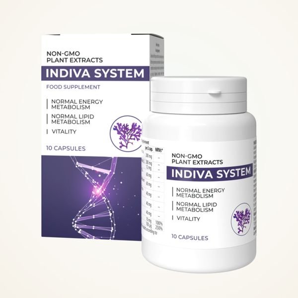 Flacone bianco e scatola viola di Indiva System da 10 capsule