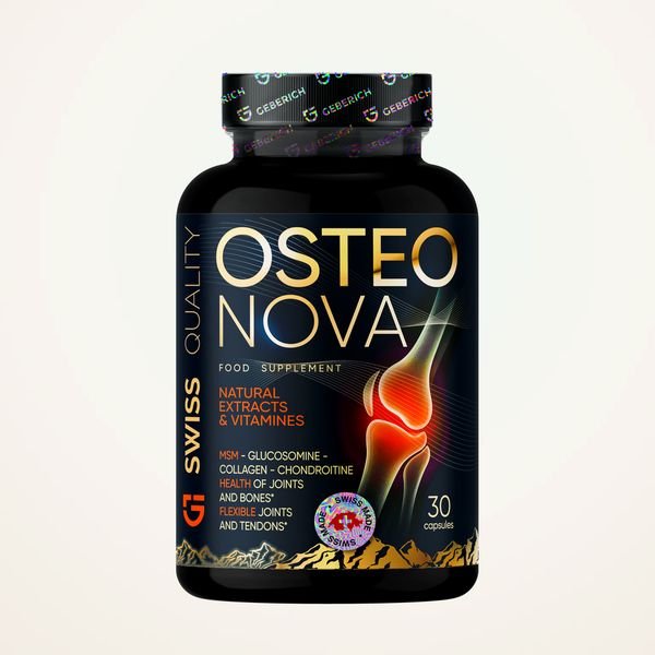 Flacone nero di OsteoNova da 30 capsule con il ginocchio illuminato in etichetta