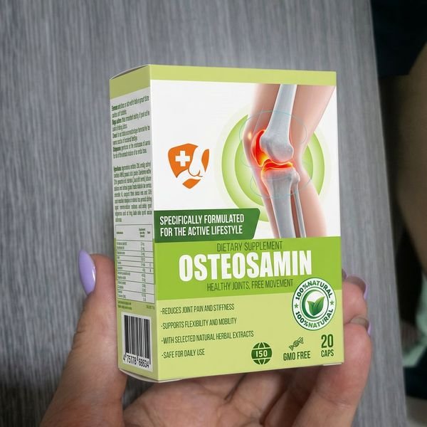 Scatola bianca e verde di Osteosamin da 20 capsule tenuta in mano