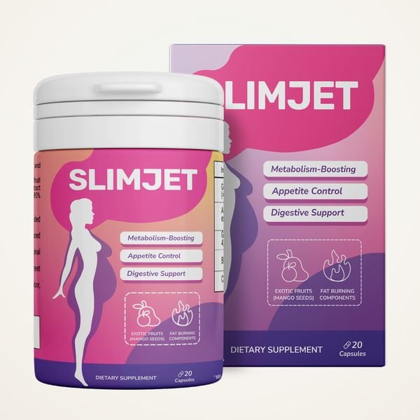 Barattolo e scatola rosa e viola di Slimjet da 20 capsule